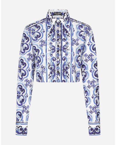 Dolce & Gabbana Cropped Majolica-Print Poplin Shirt - Blue