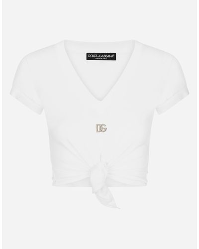 Dolce & Gabbana T-Shirt Aus Jersey Mit Knoten Und Dg-Logo - Weiß