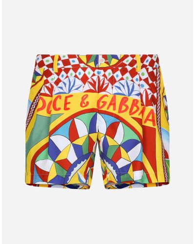 Dolce & Gabbana Short Swim Trunks With Carretto Print - Orange