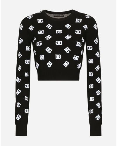 Dolce & Gabbana Cropped Viscose Jacquard Sweater With Dg Logo - Black