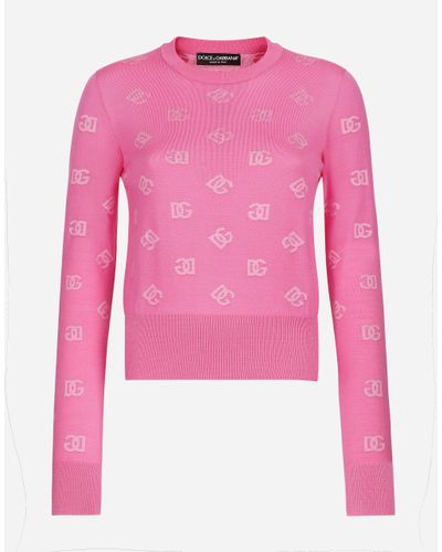 Dolce & Gabbana Wool And Silk Jacquard Sweater With Tonal Dg Logo - Pink