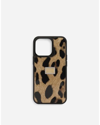 Dolce & Gabbana Calfskin Leopard Print Iphone 14 Pro Case - Brown