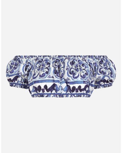 Dolce & Gabbana Majolica-Print Poplin Crop Top - Blue