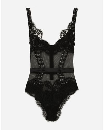 Dolce & Gabbana Lace And Tulle Bodysuit With Lacing And Eyelets - Black