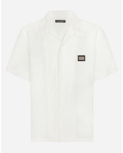 Dolce & Gabbana Hawaiihemd Aus Leinen Mit Logoplakette - Weiß