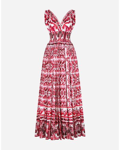 Dolce & Gabbana Long Majolica-print Poplin Dress - Red
