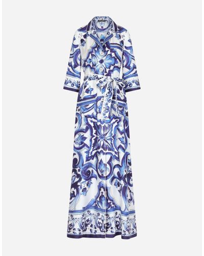 Dolce & Gabbana Long Majolica-Print Twill Shirt Dress - Blue