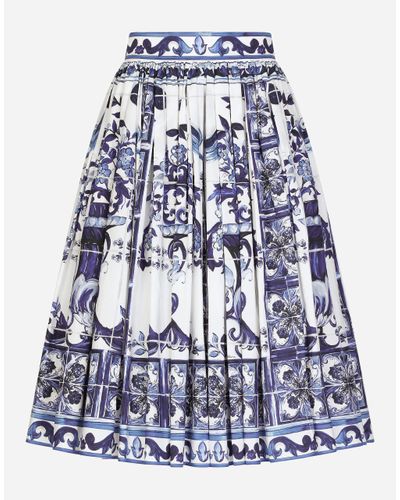 Dolce & Gabbana Poplin Midi Skirt With Majolica Print - Blue