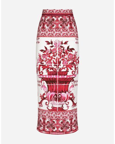 Dolce & Gabbana Majolica-Print Charmeuse Calf-Length Skirt - Red