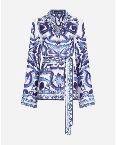 Dolce & Gabbana Pyjamabluse Aus Twill Majolika-Print - Blau