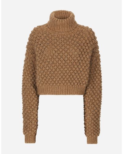 Dolce & Gabbana Hazelnut-Stitch Alpaca Turtle-Neck Sweater - Natural