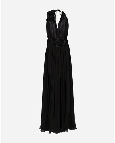 Dolce & Gabbana Langes Kleid Aus Seidenchiffon Mit Blumenapplikationen - Schwarz