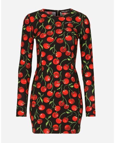 Dolce & Gabbana Kurzes Langarmkleid Aus Jersey Kirschenprint - Rot