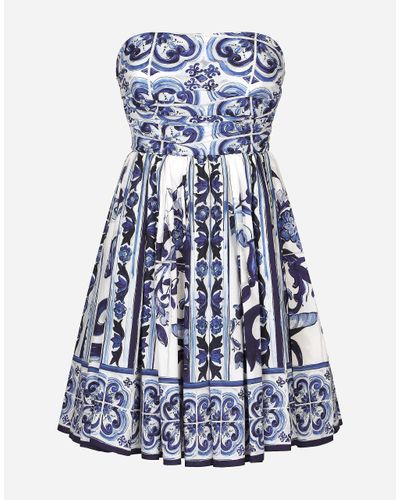 Dolce & Gabbana Kurzes Kleid Aus Popeline Majolika-Print - Blau