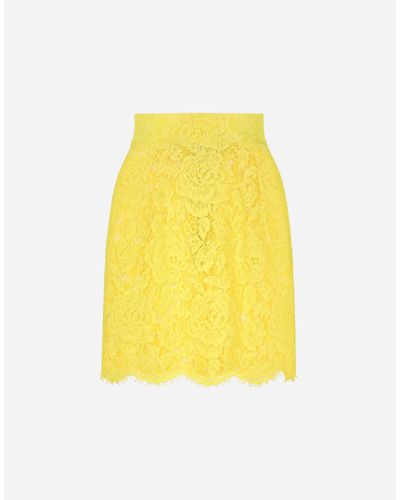 Dolce & Gabbana Branded Floral Cordonetto Lace Miniskirt - Yellow