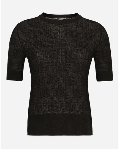Dolce & Gabbana Lace-Stitch Viscose Sweater With Jacquard Dg Logo - Black
