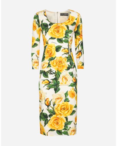 Dolce & Gabbana Charmeuse Sheath Dress With Rose - Yellow