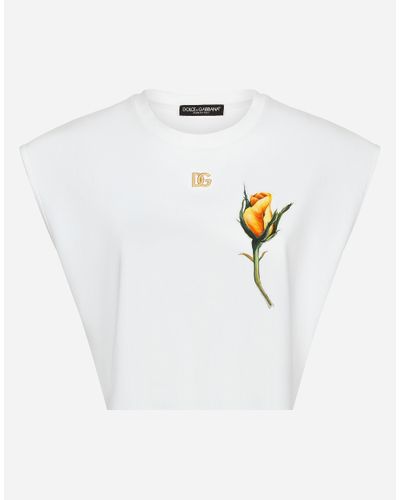 Dolce & Gabbana Cropped-T-Shirt Aus Jersey Mit Dg-Logo Und Rosen-Stickpatch - Weiß