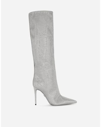 Dolce & Gabbana Kim Dolce&gabbana Satin Boots With Fusible Rhinestones - White