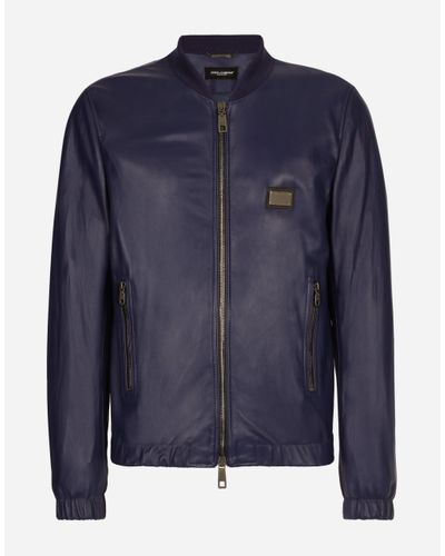 Dolce & Gabbana Leather Jacket With Branded Tag - Blue