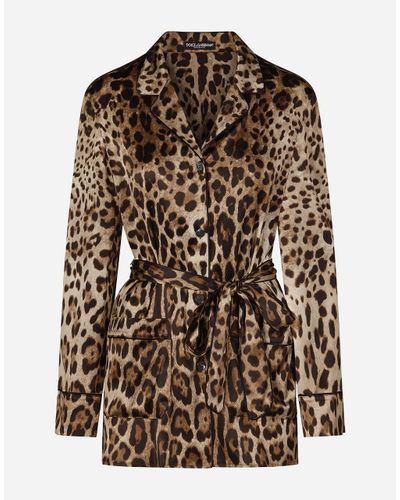 Dolce & Gabbana Bluse Aus Stretch-seide Mit Leopardenprint Und Gürtel - Braun