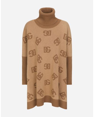 Dolce & Gabbana Short Wool Turtle-Neck Poncho With Dg Inlay - Brown