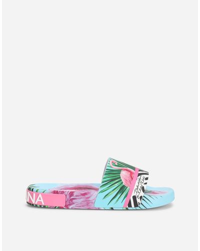 Dolce & Gabbana Rubber Beachwear Sliders With Flamingo Print - Multicolor