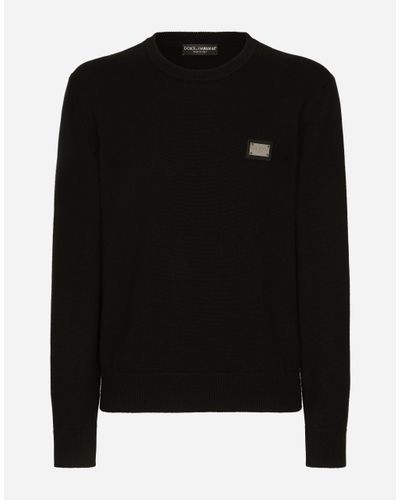 Dolce & Gabbana Wool Round-Neck Sweater With Branded Tag - Black