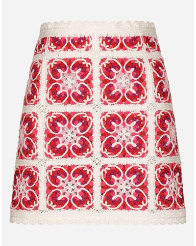 Dolce & Gabbana Brick-Stitched Crochet Skirt With Majolica Print - Red