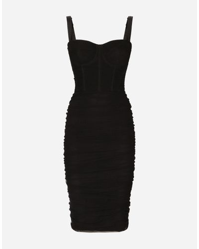 Dolce & Gabbana Tulle Midi Dress With Draping And Corset - Black