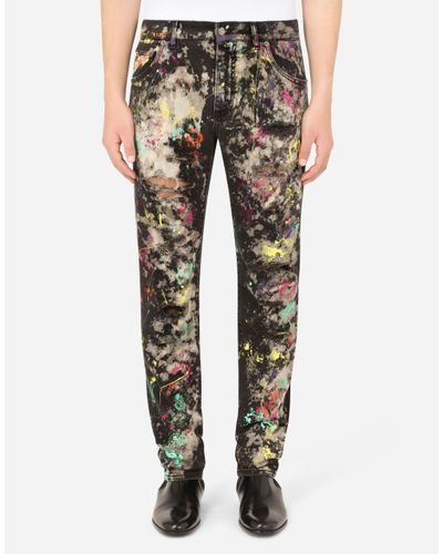 Dolce & Gabbana Slim-fit Black Stretch Jeans With Marbled Print - Multicolor