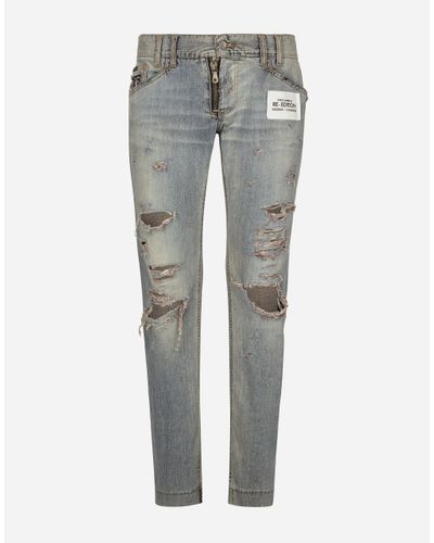 Dolce & Gabbana Washed Denim Jeans With Rips - Gray