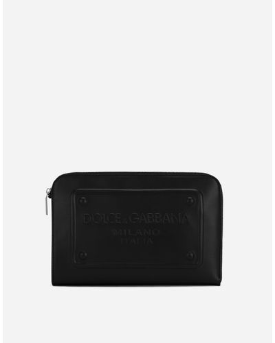 Dolce & Gabbana Kleine Pouch Bag Aus Kalbsleder Mit Relieflogo - Schwarz