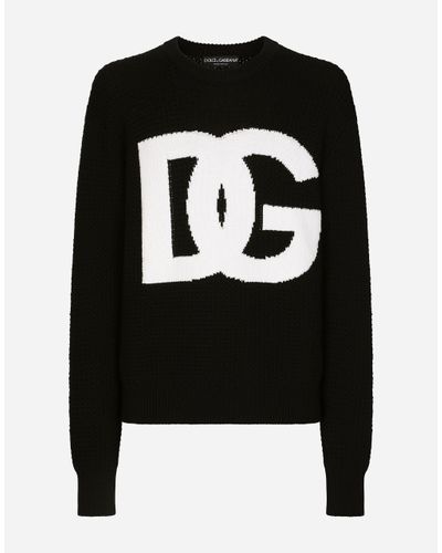 Dolce & Gabbana Round-Neck Wool Sweater With Dg Logo Inlay - Black