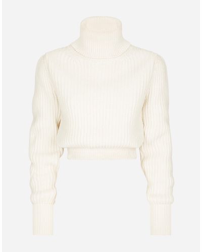 Dolce & Gabbana Wool Fisherman’S Rib Turtle-Neck Sweater With Dg Logo - White