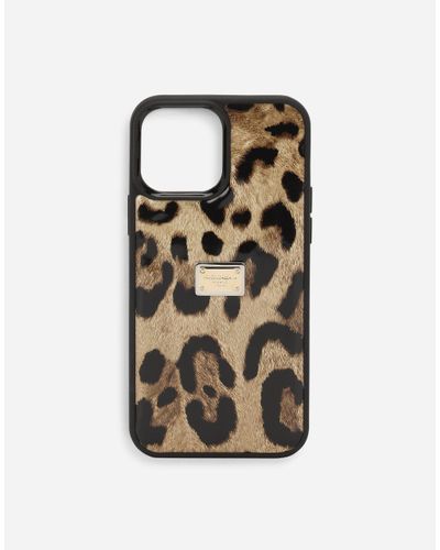 Dolce & Gabbana Cover für iPhone 14 Pro Max aus glänzendem Kalbsleder mit Leopardenmuster-Aufdruck - Natur