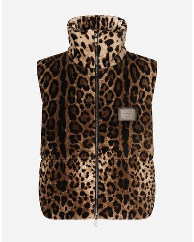 Dolce & Gabbana Sleeveless Leopard-Print Jacket With Logo Tag - Brown