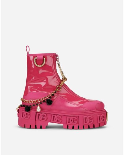 Dolce & Gabbana Rubberized Calfskin And Patent Leather Ankle Boots With Bejeweled Chain And Dg Logo - Pink
