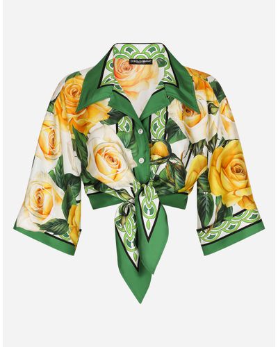 Dolce & Gabbana Kurze Bluse Mit Schleife Aus Seide Gelbe-Rosen-Print - Mettallic