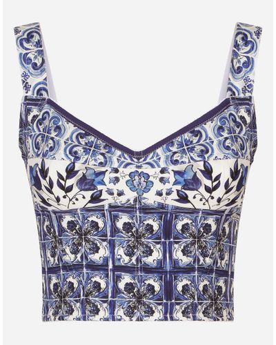 Dolce & Gabbana Bustier Aus Charmeuse Majolika-Print - Blau