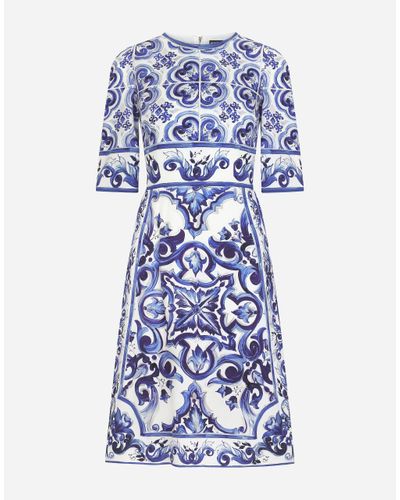 Dolce & Gabbana Midikleid Aus Charmeuse Majolika-Print - Blau
