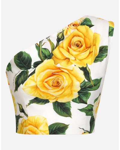Dolce & Gabbana Kurzes One-Shoulder-Top Aus Baumwolle Gelbe-Rosen-Print