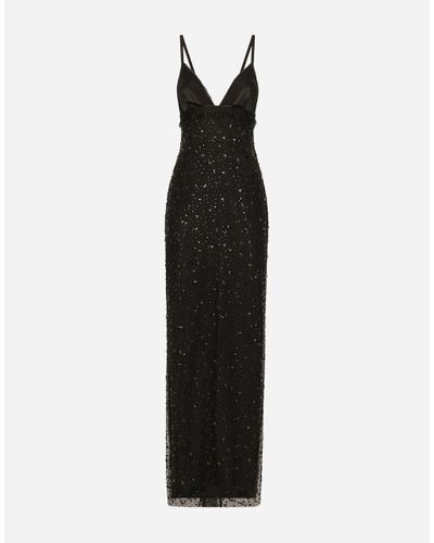 Dolce & Gabbana Long Tulle Slip Dress With All-Over Rhinestone Embellishment - Black