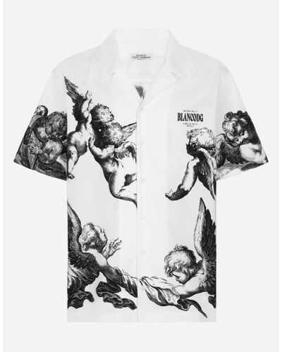 Dolce & Gabbana Hawaiihemd Aus Baumwollstretch Engel-Print - Weiß