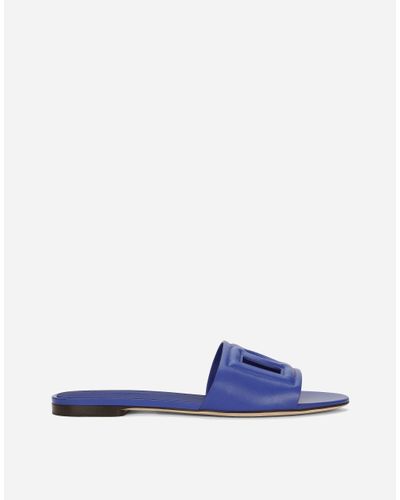 Dolce & Gabbana Leather Sliders With Logo - Blue
