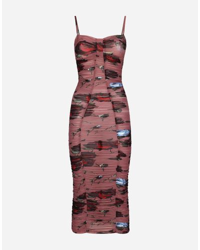Dolce & Gabbana Slip Dress Aus Drapiertem Tüll Vintage-Rosenprint - Rot