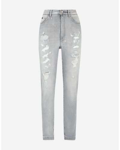 Dolce & Gabbana Light Denim Grace Jeans With Ripped Details - Gray