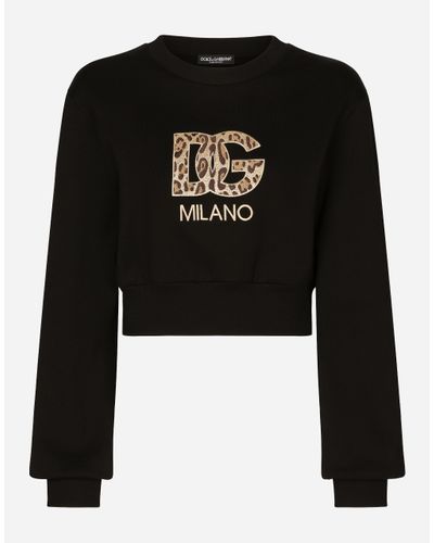 Dolce & Gabbana Cropped Jersey Sweatshirt With Embroidered Dg Patch - Black