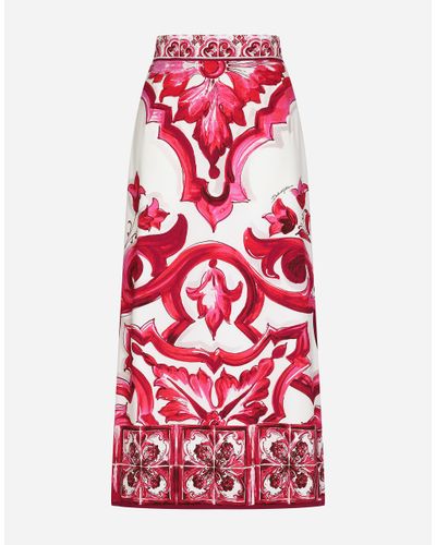 Dolce & Gabbana Majolica-Print Charmeuse Calf-Length Skirt With Slit - Red