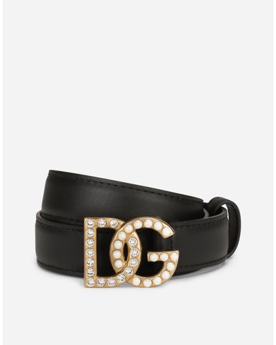 Dolce & Gabbana Calfskin Belt With Dg Logo With Rhinestones And Pearls - Schwarz